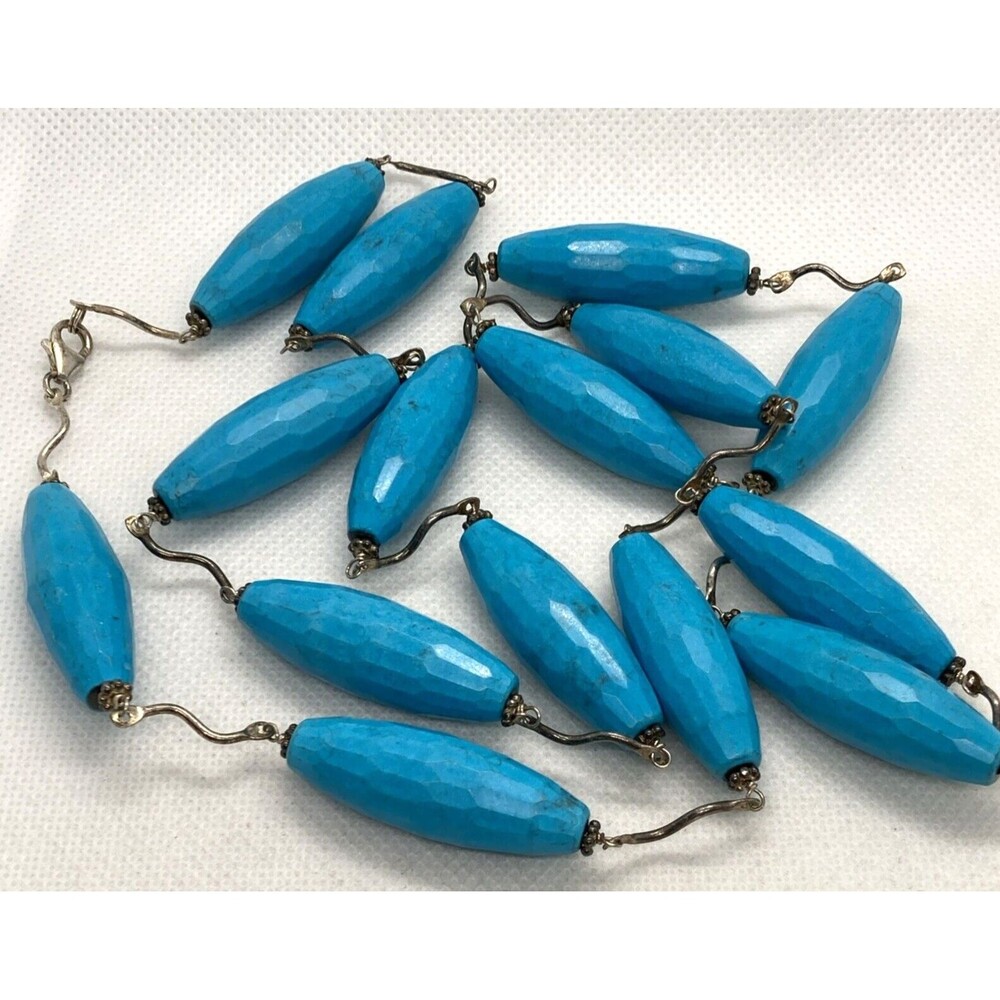 Vintage 37'' Beaded Faceted Blue Howlite Stone Necklace Sterling 925 Silver 108g